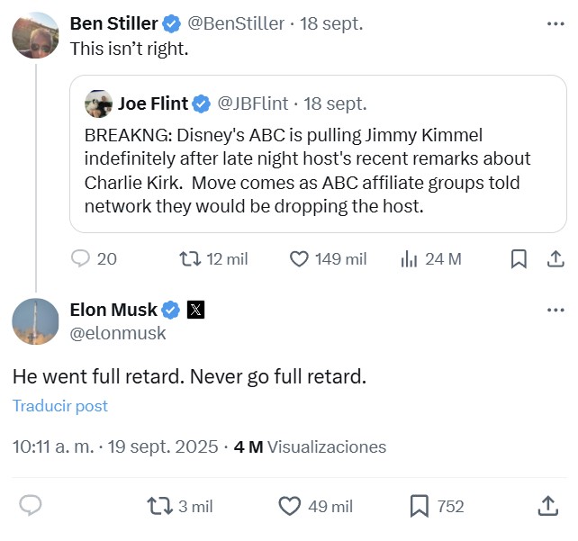 Ben Stiller se lamenta del despido de Jimmy Kimmel y Elon Musk le replica con la famosa frase que le dijeron a uno de sus personajes: "He went full retard. Never go full retard".