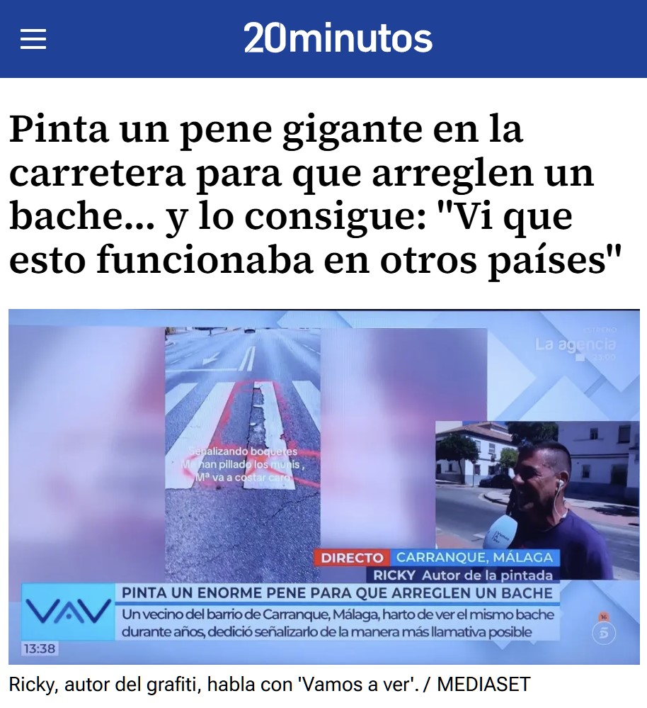 Un malagueño ha encontrado la forma de hackear al ayuntamiento para que arregle las carreteras de Carranque: dibujar tremendos poIIones rodeando los baches.