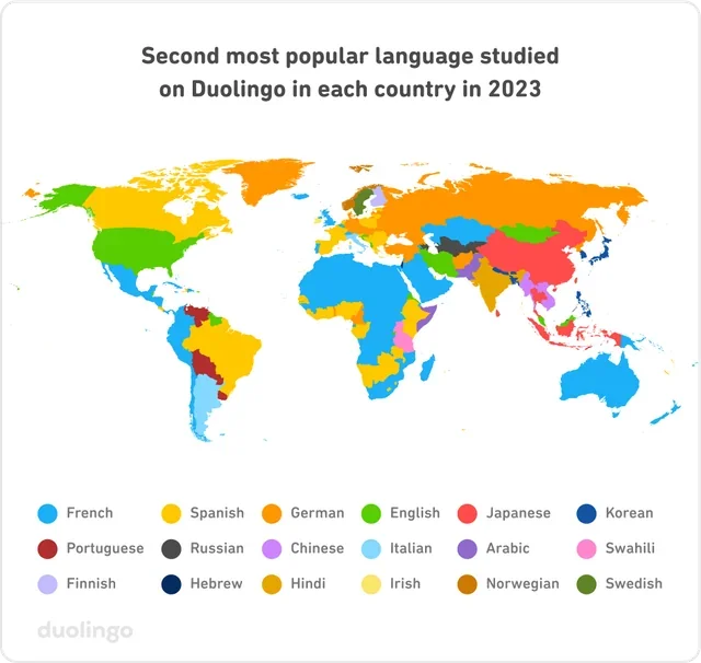 Idioma más aprendido en Duolingo y segundo idioma más aprendido en Duolingo (2023 vs 2024).