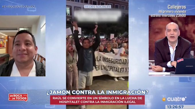 Un ecuatoriano sale a manifestarse contra la inmigración magrebí en Hospitalet con una pata de jamón: "Yo sí me he adaptado a este país y me gusta el jamón. Me siento ecuatoriano y español".