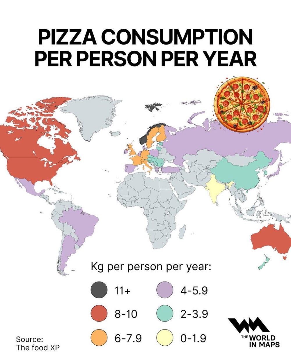Kilos de pizza consumidos al año por persona en el mundo.