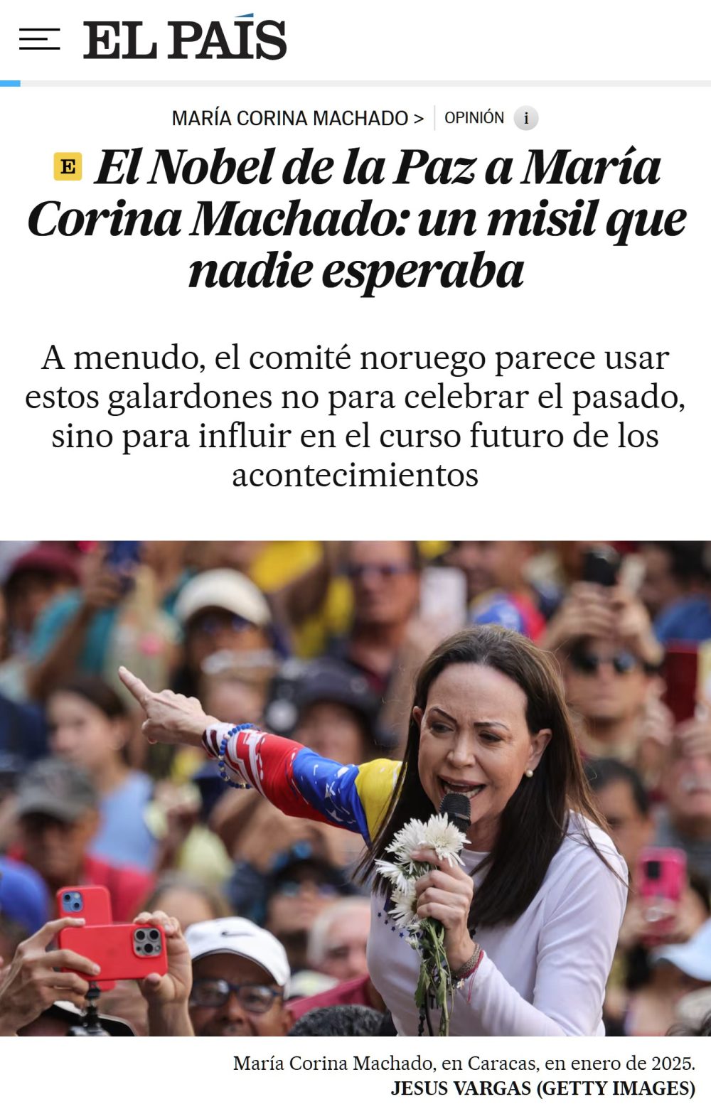 María Corina Machado se lleva el Nobel de la Paz y El País le dedica este titular.