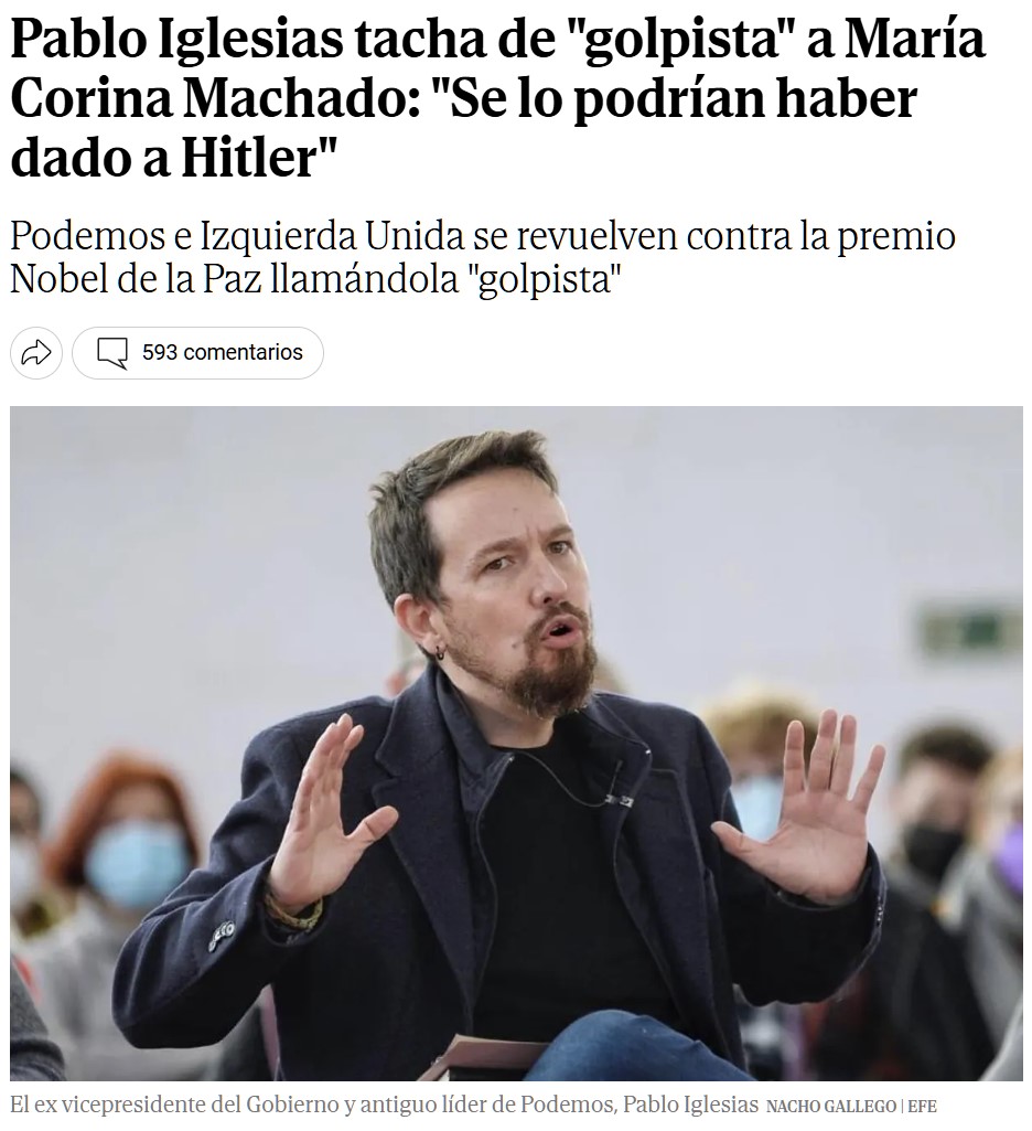 María Corina Machado se lleva el Nobel de la Paz y El País le dedica este titular.