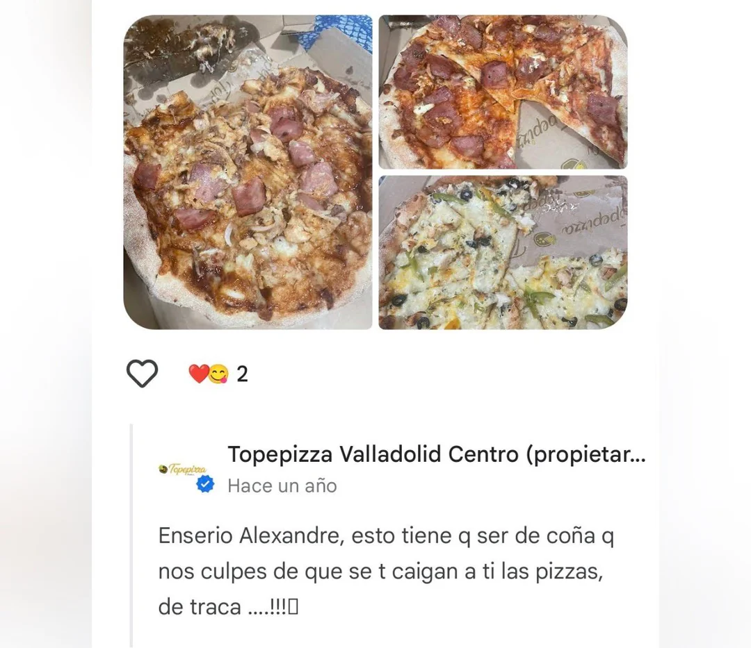 Reseña de 1 estrella por que ha ido él mismo a por las pizzas y las ha destruido por el camino.