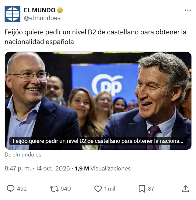 El PP propone acreditar nivel B2 de castellano para tener la nacionalidad española.