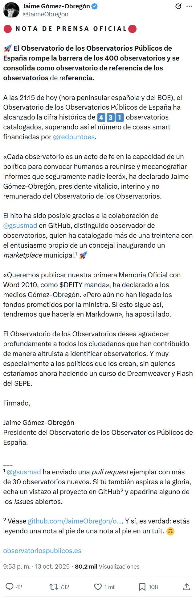Nota de prensa del observatorio de los observatorios públicos de España.