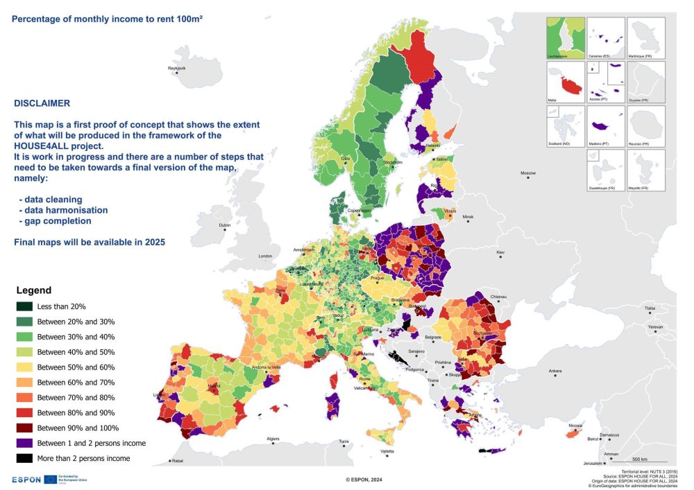 Porcentaje de los ingresos mensuales necesarios para alquilar una vivienda de 100 metros cuadrados en cada región de Europa.