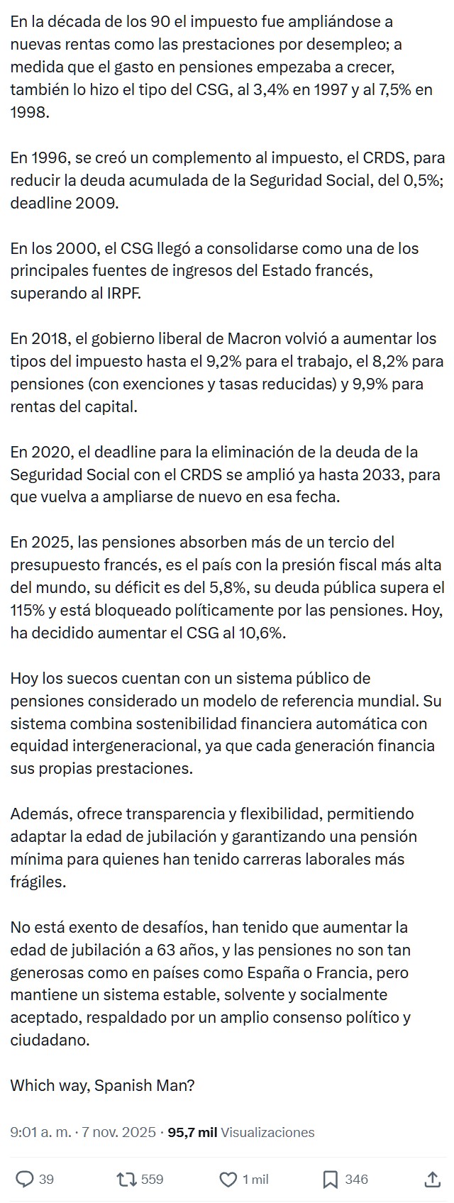 Francia sube el CSG del 9,2 al 10,6%, un impuesto creado para complementar las cotizaciones sociales y poder pagar las pensiones.
