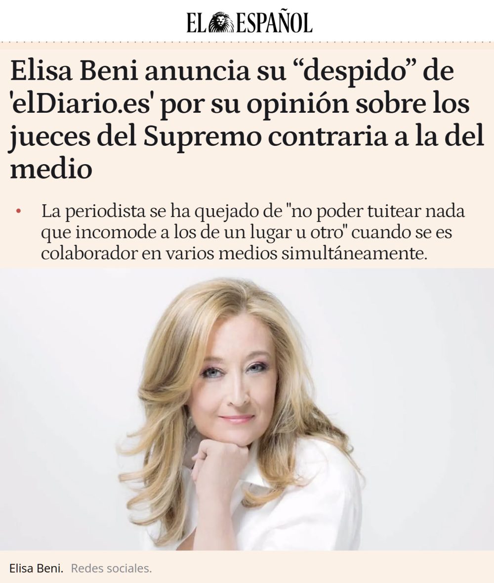La noticia: Elisa Beni anuncia su salida del Diario.es por haberse convertido en un medio manipulador y servil con el gobierno.