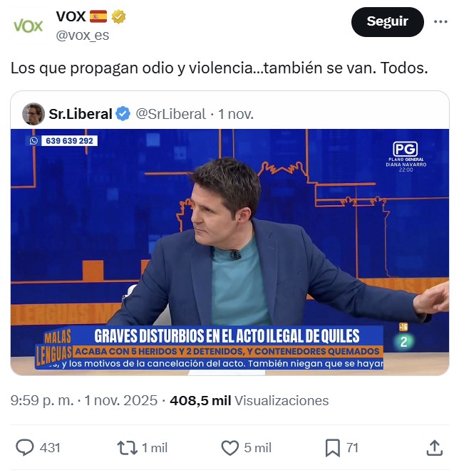 Laura Arroyo (Canal Red, panfleto de Podemos) elogia los actos violentos de Pamplona y Vox responde: "los que propagan odio y vioIencia... también se van".