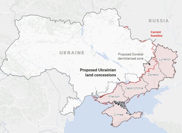 Las concesiones territoriales que tendría que hacer Ucrania si acepta el plan de paz respaldado por Estados Unidos para poner fin a la guerra.