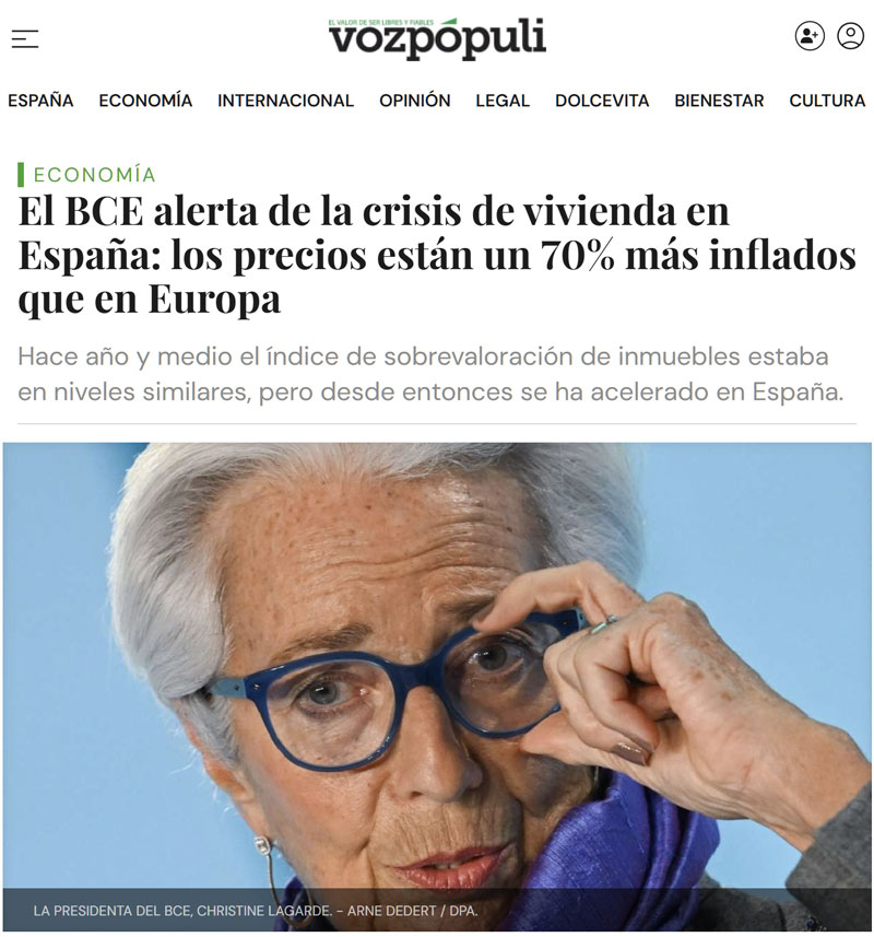 El BCE calcula que los precios de la vivienda en España están un 70% más inflados que en Europa.