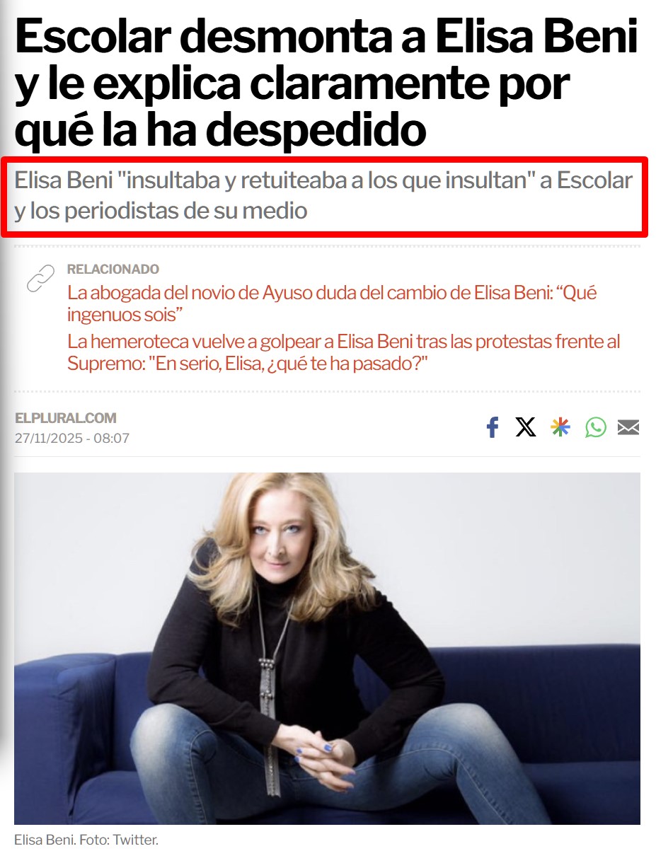 La noticia: Elisa Beni anuncia su salida del Diario.es por haberse convertido en un medio manipulador y servil con el gobierno.