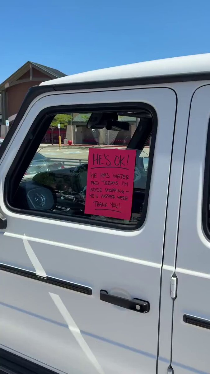 "Él está bien. Tiene agua y chuches, estoy dentro comprando. Él está más feliz aquí. Gracias".