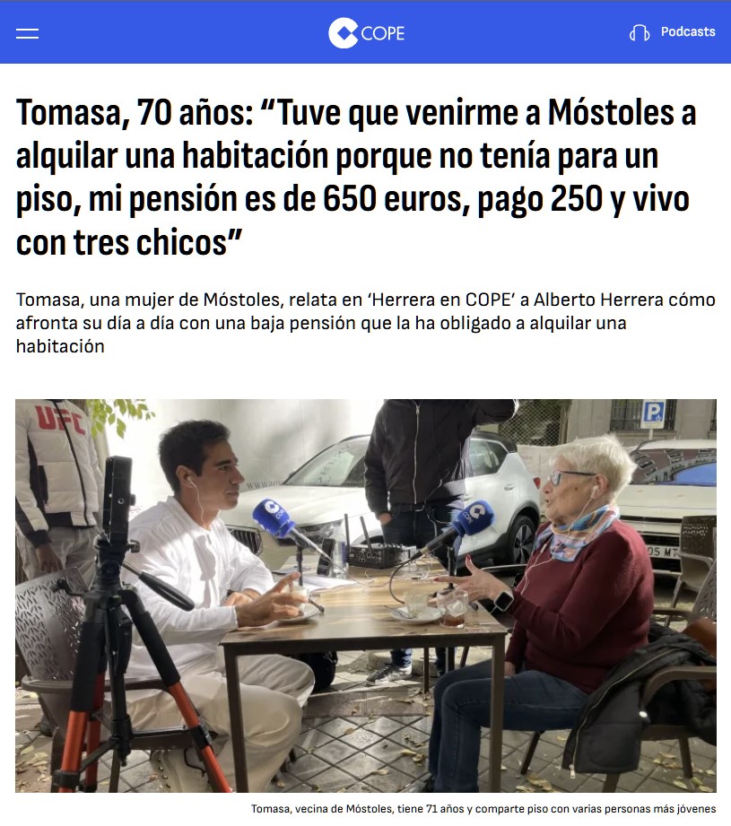 Tomasa, la jubilada de 70 años que comparte piso porque su pensión es de solo 650 euros.