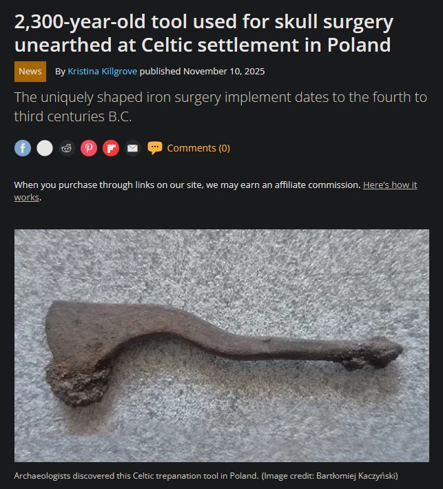 Descubierta una herramienta de 2300 años para cirugía craneal en un asentamiento celta en Polonia.