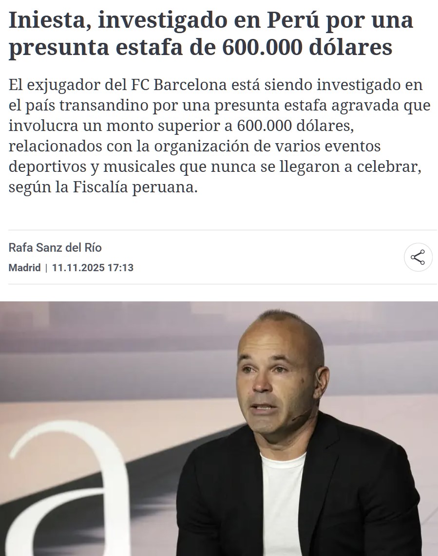 La justicia peruana investiga a Iniesta por una presunta estafa de 600.000 dólares.
