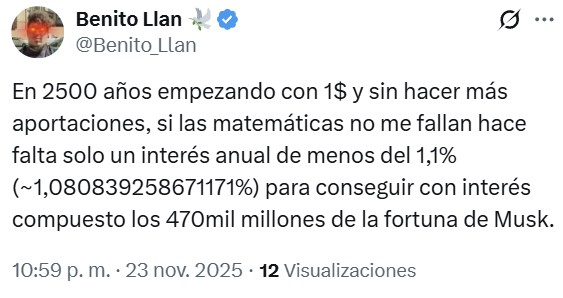 Ni ahorrando 500.000 dólares al día durante 2025 años podríais llegar a amasar la fortuna de Elon Musk.