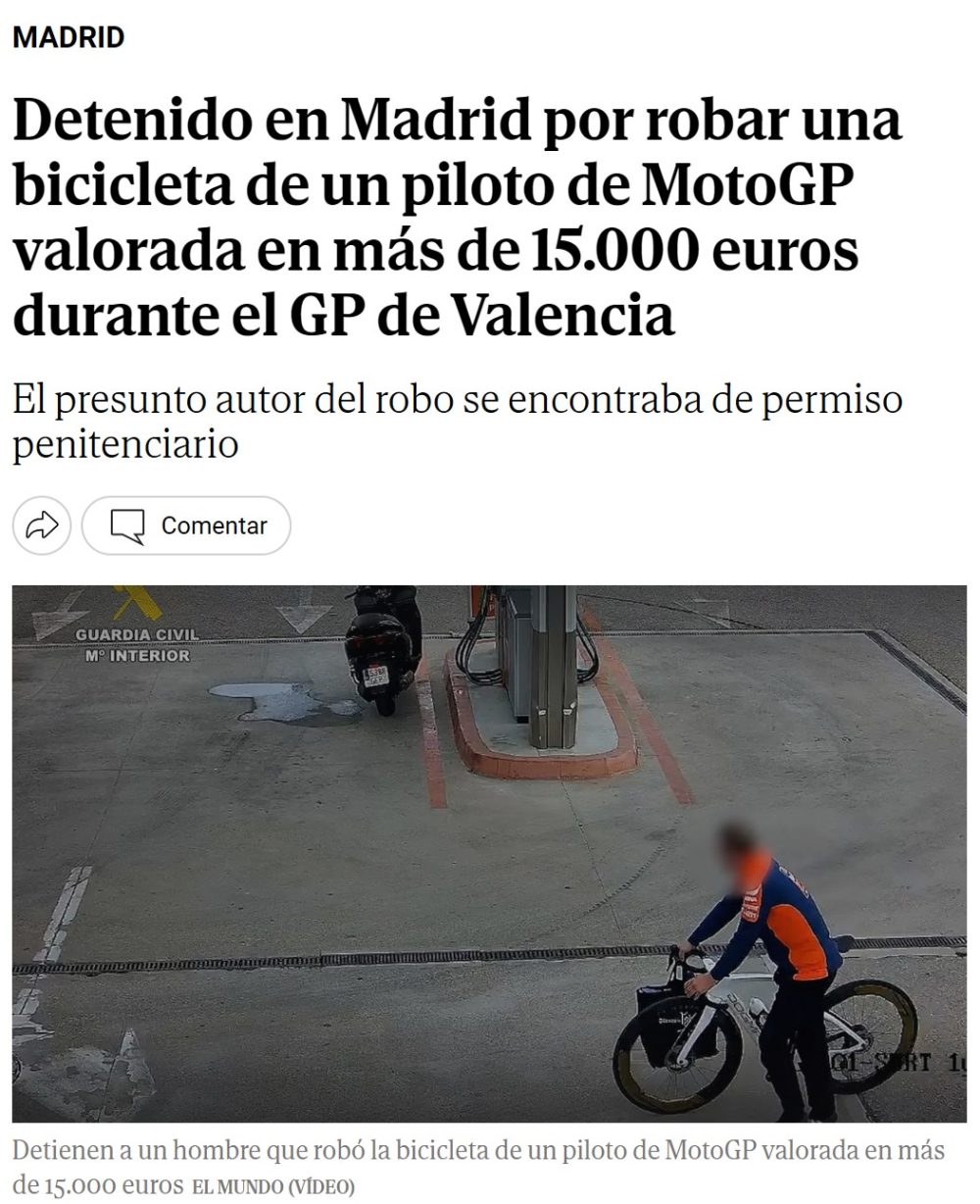 Detenido por robarle una bici de 15.000 euros a un piloto de MotoGP.