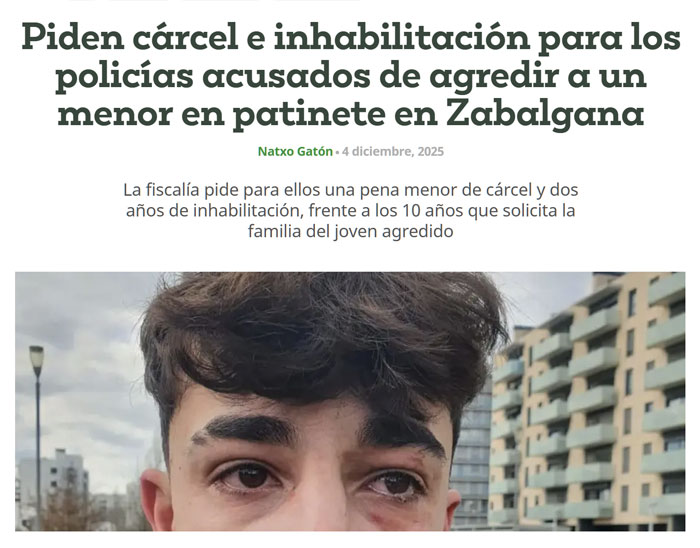 Piden cárcel e inhabilitación para los policías que persiguieron a un chaval en patinete en Vitoria y le rompieron la nariz.