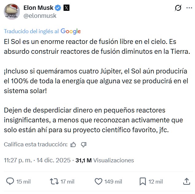 Elon Musk cree que los reactores de fusión son una pérdida de tiempo.