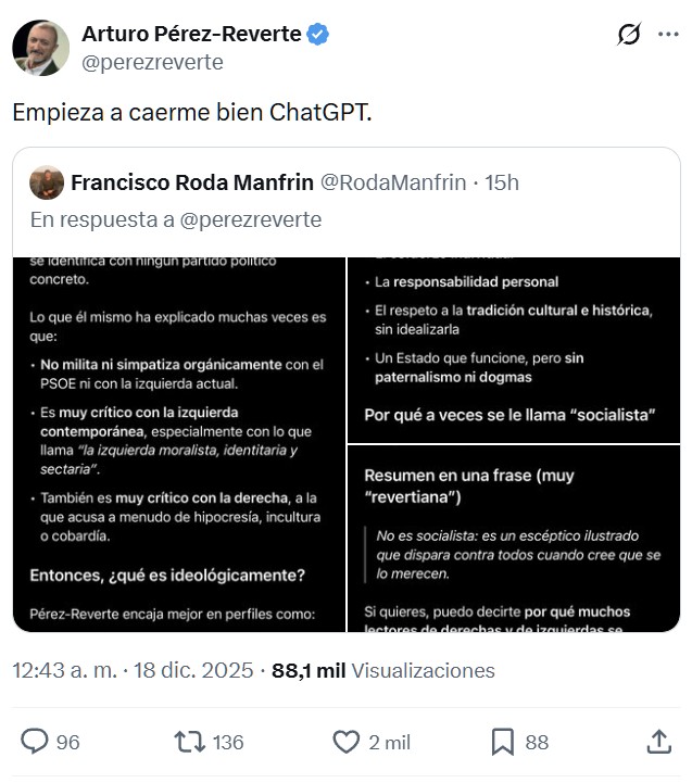 ChatGPT y Arturo Pérez-Reverte son colegas.