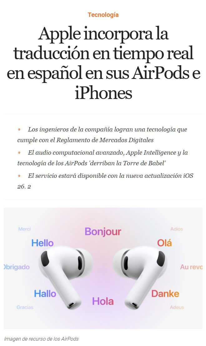 Ahora los AirPods traducirán en tiempo real cualquier conversación que tengas con alguien que no hable tu idioma.