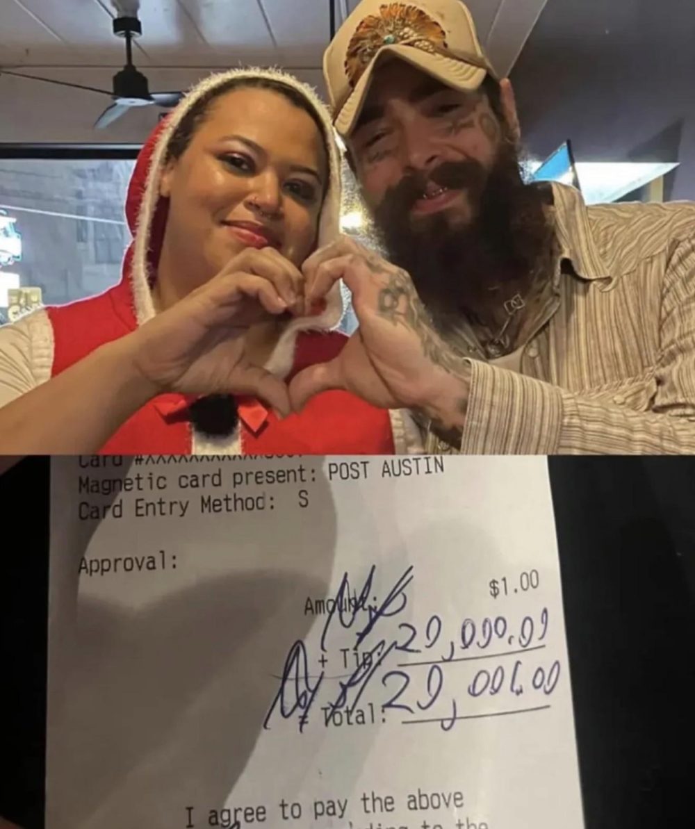 Post Malone deja una propina de 20.000 dólares en su ticket de 1 dólar a una camarera madre soltera.