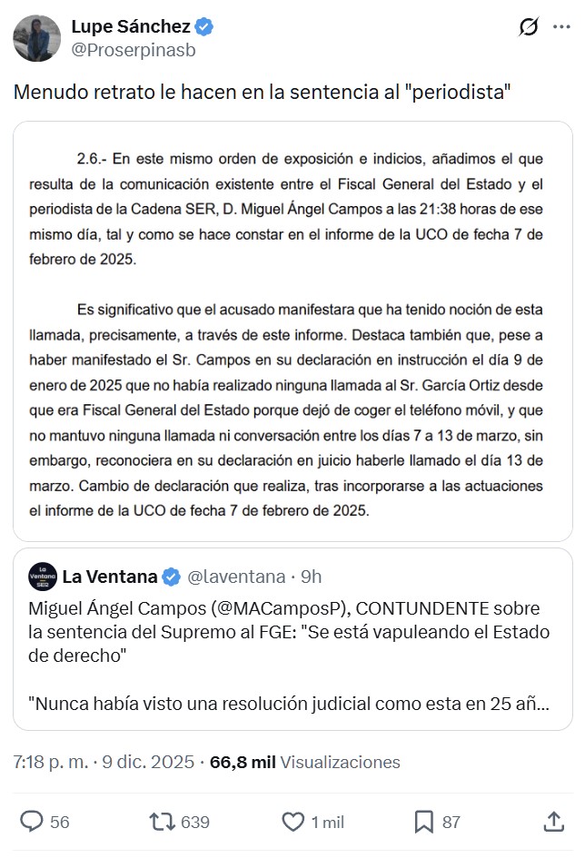 Miguel Ángel Campos, contundente sobre la sentencia del Supremo al FGE: "Se está vapuleando el Estado de derecho"