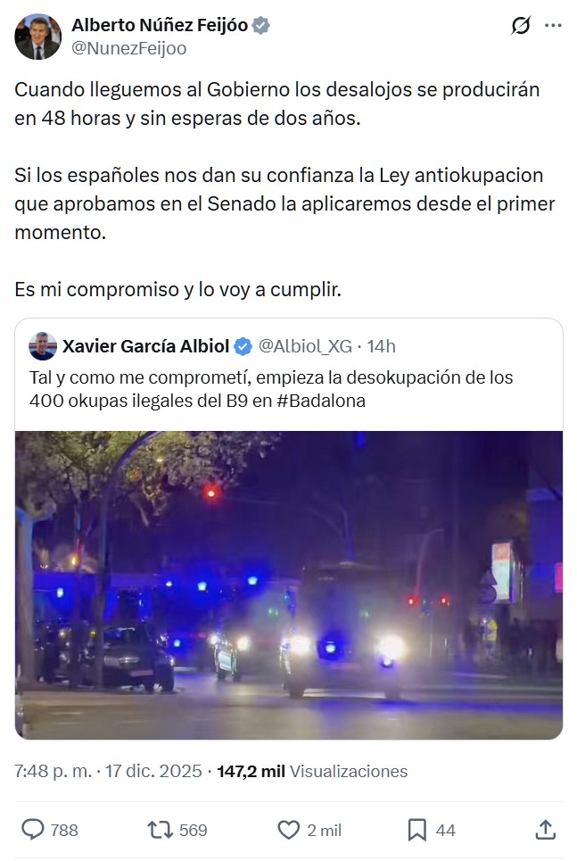 Feijóo promete una ley antiokupación con la que se desalojará a los okupas en 48 horas.