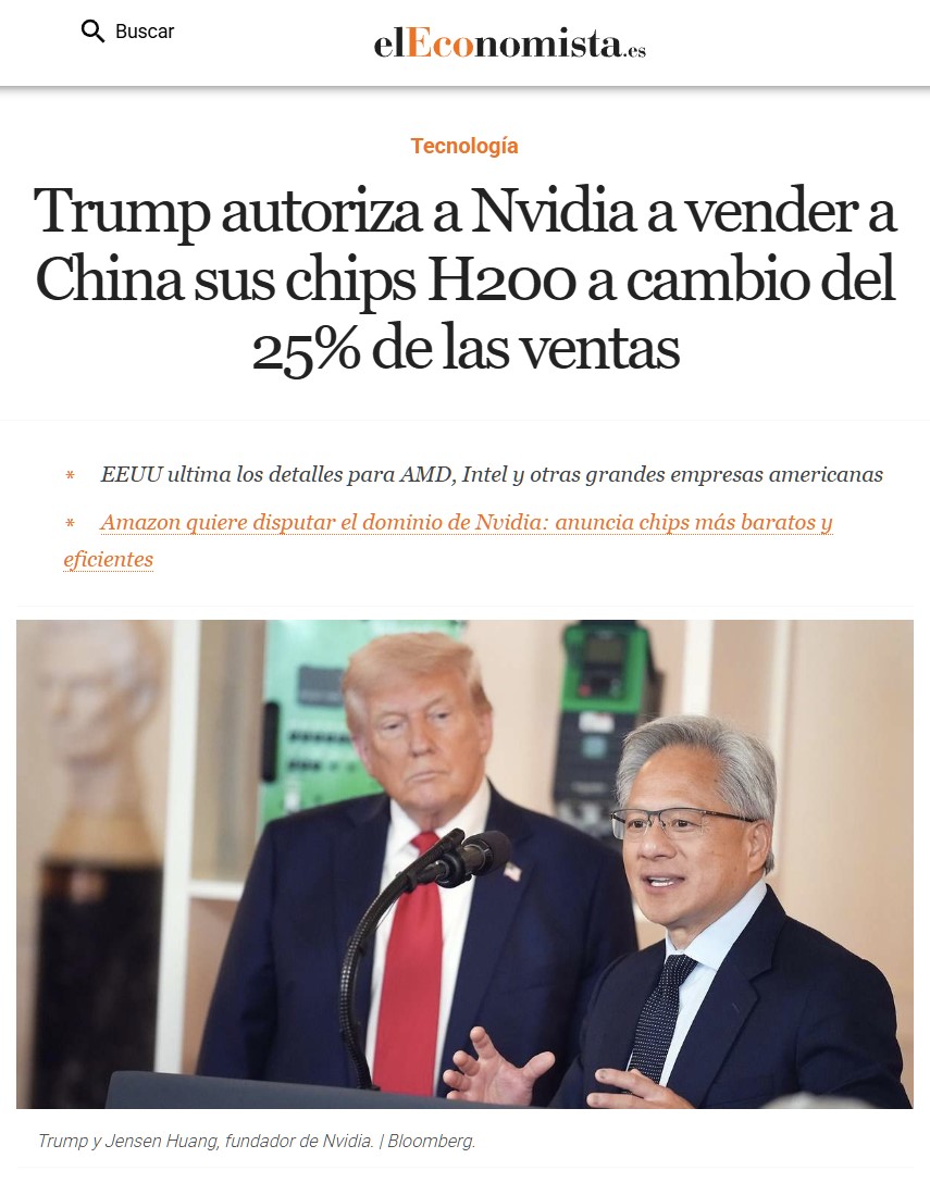 Trump permite a Nvidia vender sus chips H200 a China, pero a cambio de quedarse el 25% de las ventas.
