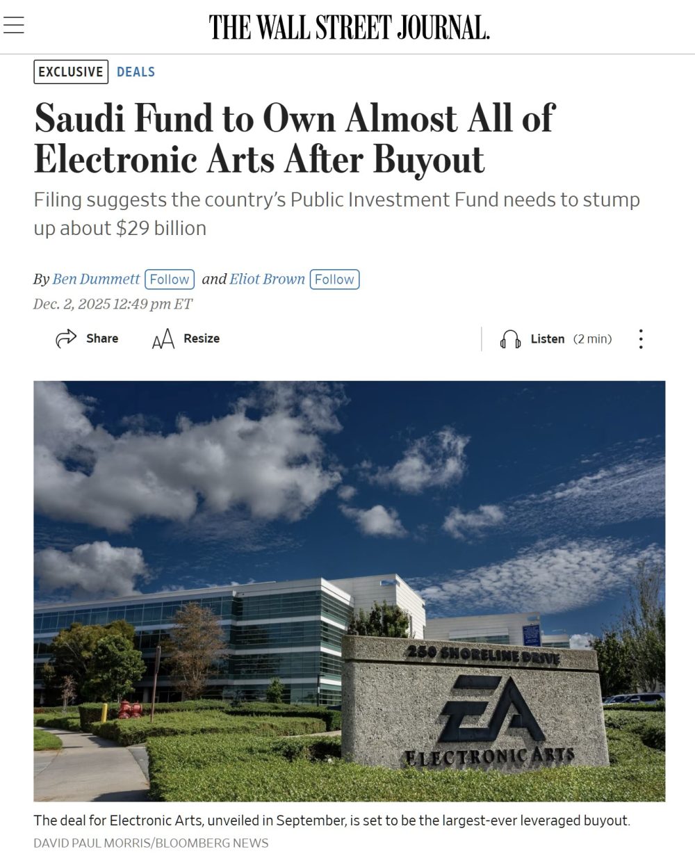 Un fondo saudí adquirirá casi la totalidad de Electronic Arts.