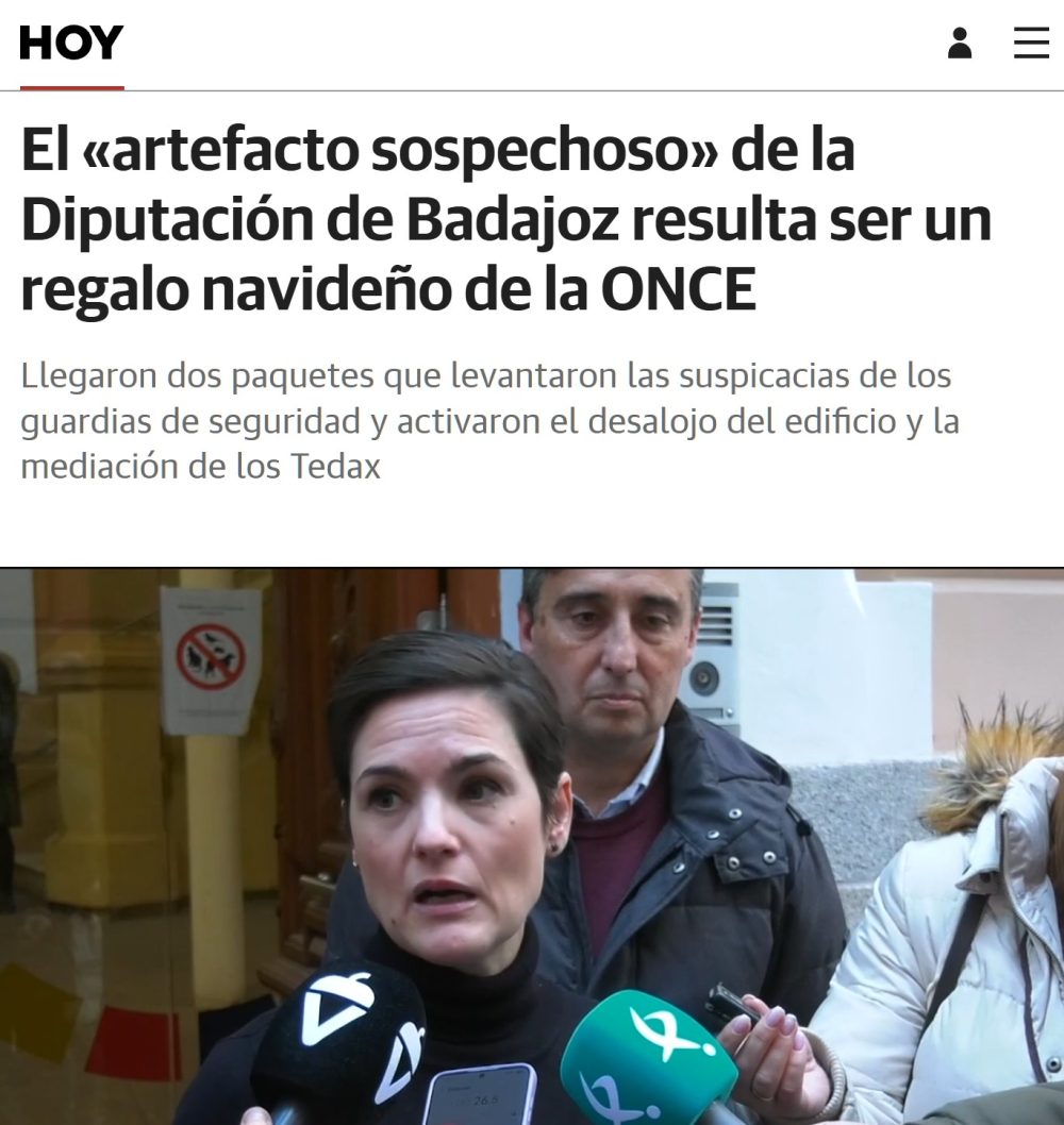 La Diputación de Badajoz recibe un paquete sospechoso con un artefacto en su interior y resulta ser una extraña felicitación navideña de La ONCE.