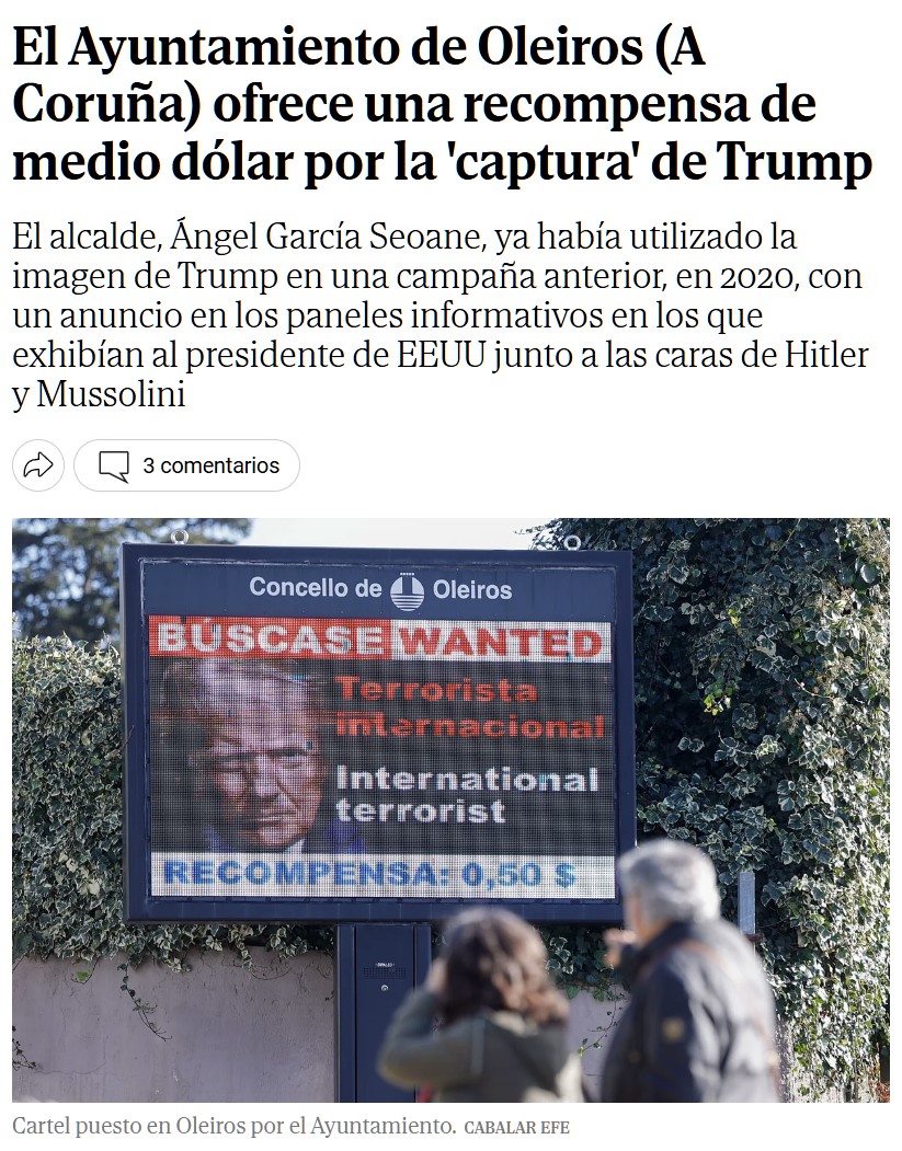 El ayuntamiento de un pueblo de A Coruña ofrece una recompensa de medio dólar por la cabeza de Donald Trump.