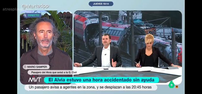 El testimonio de uno de los pasajeros del tren Alvia que fue a buscar ayuda: Aproximadamente una hora después del accidente todavía no sabían de la existencia del tren Alvia accidentado.