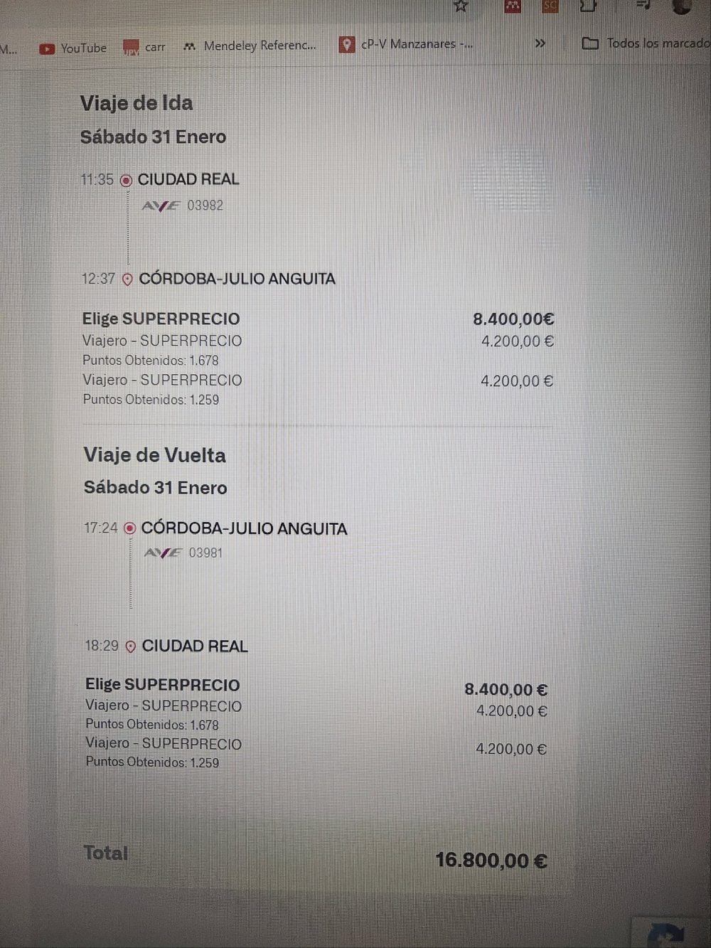 En la web de Renfe puedes pillar un AVE de ida y vuelta Ciudad Real - Córdoba por el módico precio de 16.800€