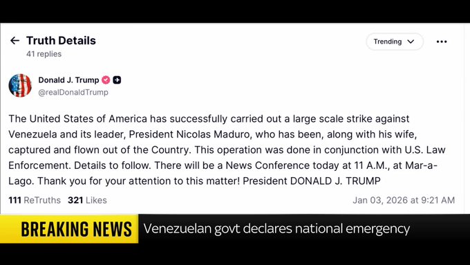 Trump afirma que ha capturado a Maduro y a su mujer.