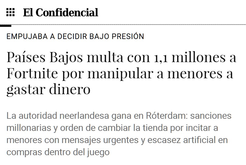 Países Bajos multan con calderilla a Fortnite por manipular a menores para que gasten dinero.