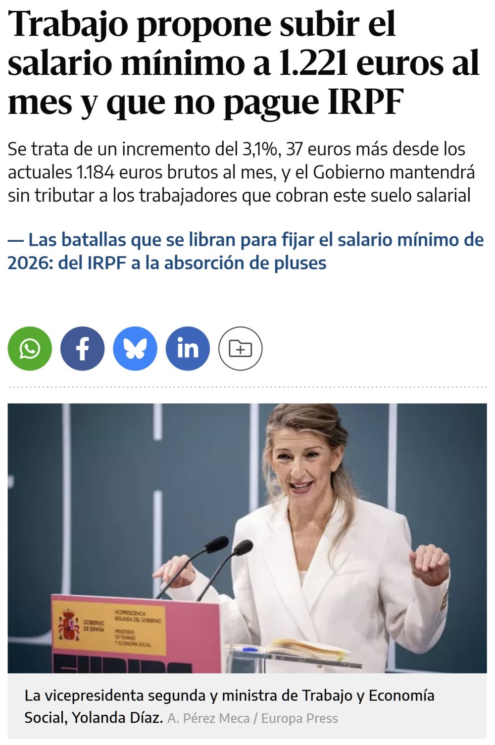 El Gobierno quiere subir el SMI hasta los 1425 euros NETOS en 12 pagas.