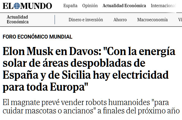 Elon Musk invita a Italia y España a llenar las zonas despobladas de placas solares.