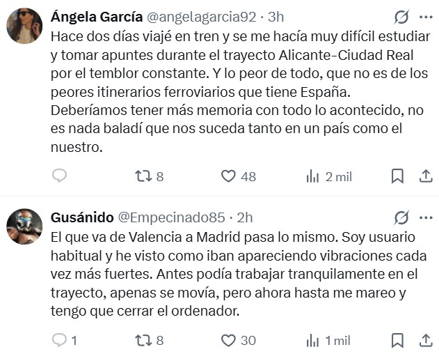 Muchas personas en redes sociales recuerdan haberse referido al mal estado de las vías en el tramo Madrid Sevilla.