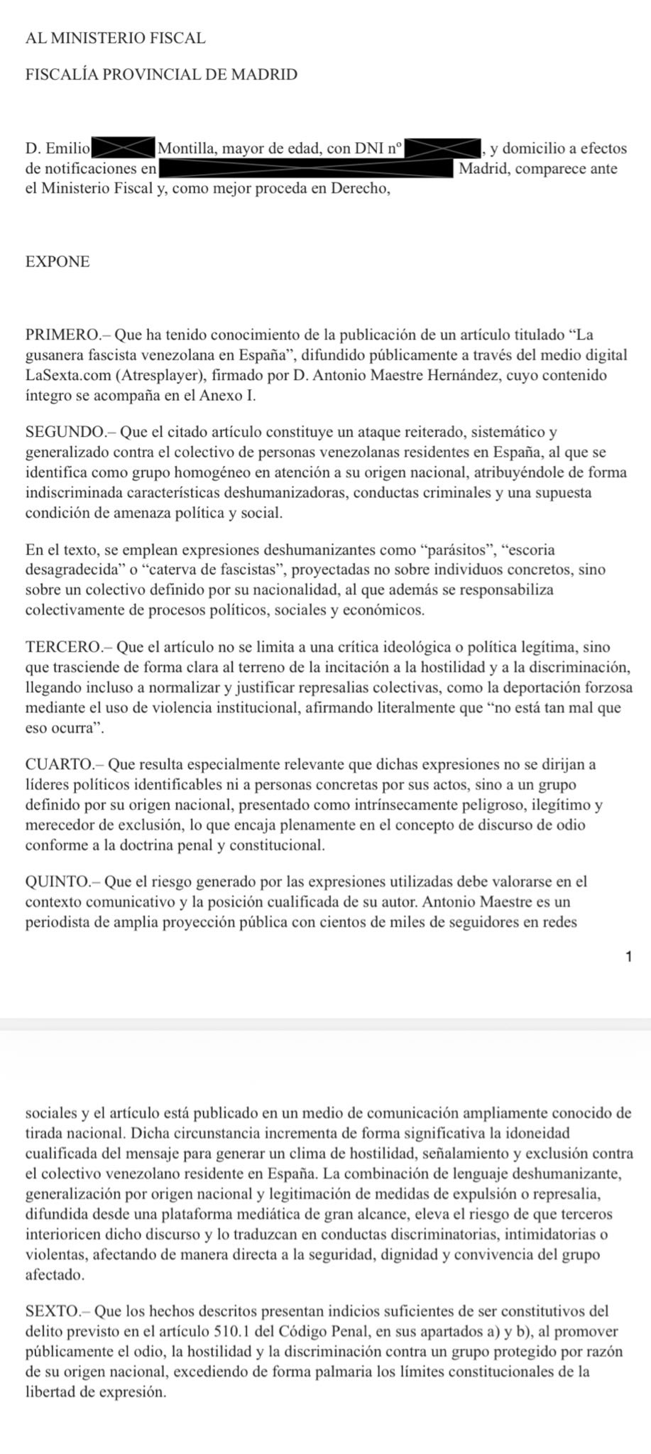 Emilio Montilla denuncia a Antonio Maestre por delіto de odio contra el pueblo venezolano.