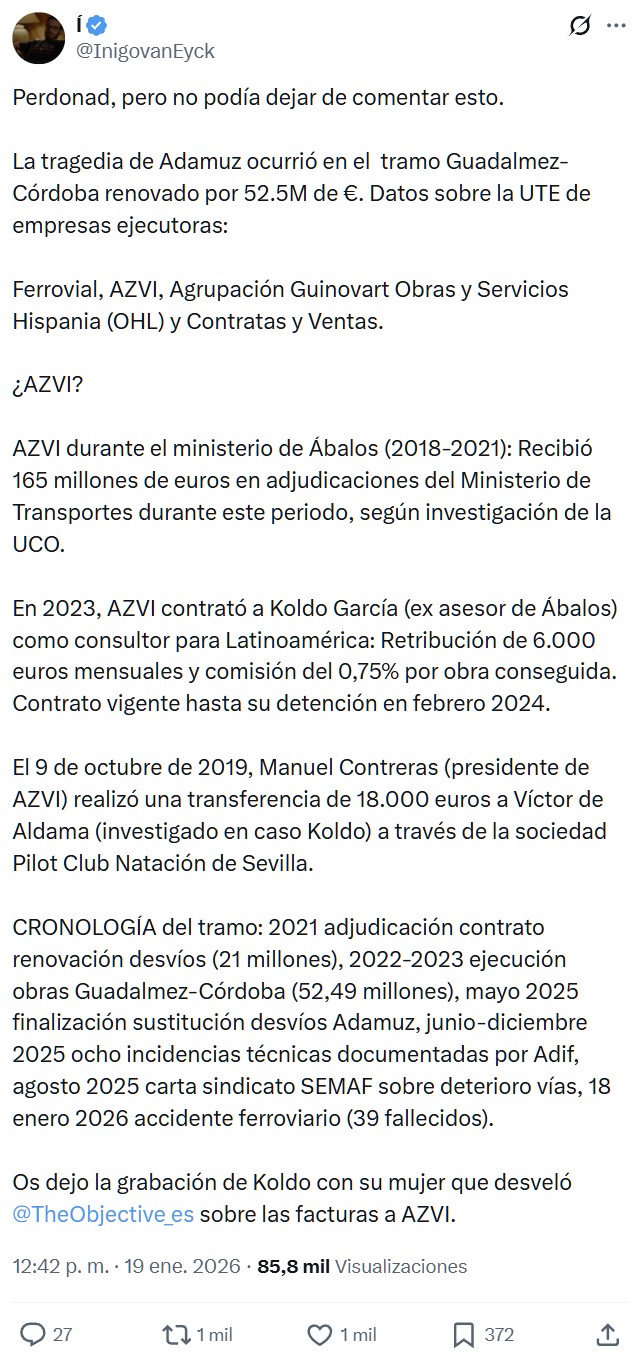 El tramo en el que ha ocurrido el accidente fue renovado por una empresa investigada por la UCO en el caso Koldo.