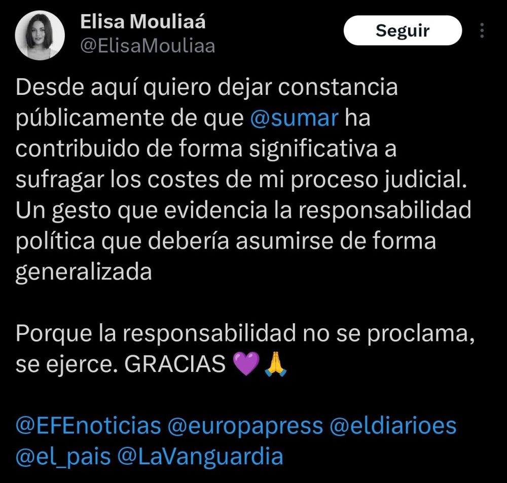 Elisa Mouliá dice que Sumar ha pagado parte de los costes de su juicio contra Errejón.