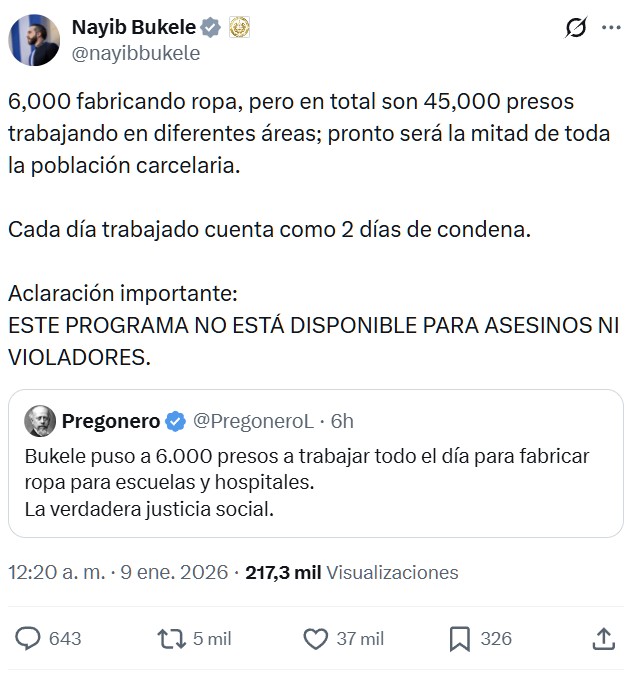 Bukele puso a 6.000 presos a trabajar todo el día para fabricar ropa para escuelas y hospitales.