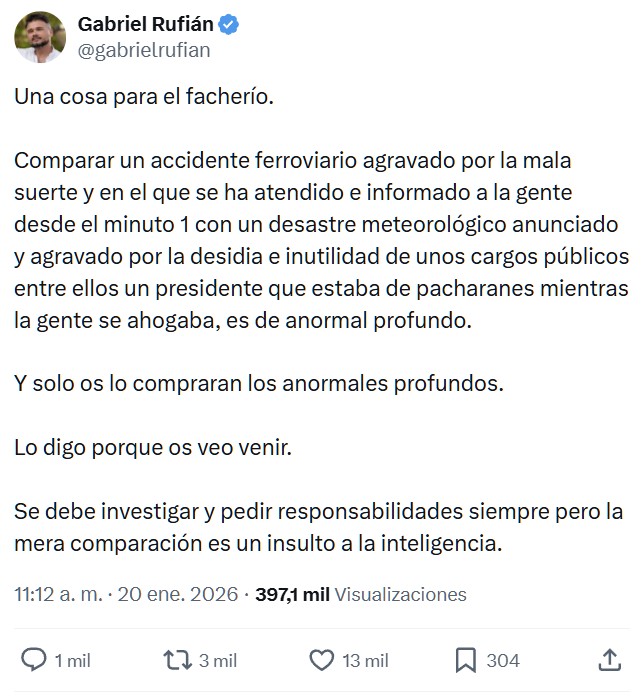 Gabriel Rufián tira de "#NoEsLoMismo" y culpa a la mala suerte de lo sucedido en Adamuz mientras llama "anormales profundos" a los que comparan la incompetencia de Óscar Puente con la de Mazón.