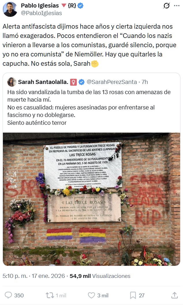Pdro Snchz se solidarliza con Sarah Santaolalla por unas pintadas en la tumba de las 13 Rosas.