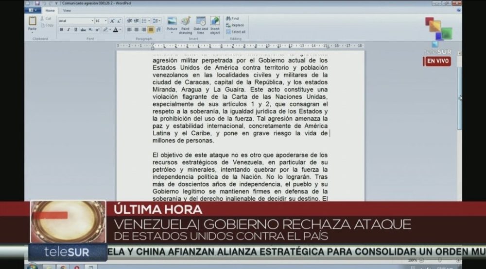 El comunicado oficial de Venezuela es una captura de Word 2007.