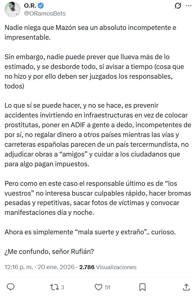 Gabriel Rufián tira de "#NoEsLoMismo" y culpa a la mala suerte de lo sucedido en Adamuz mientras llama "anormales profundos" a los que comparan la incompetencia de Óscar Puente con la de Mazón.