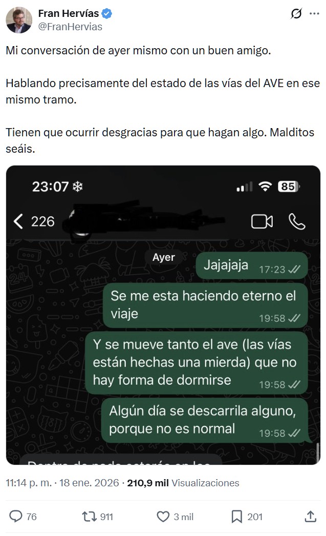 Muchas personas en redes sociales recuerdan haberse referido al mal estado de las vías en el tramo Madrid Sevilla.